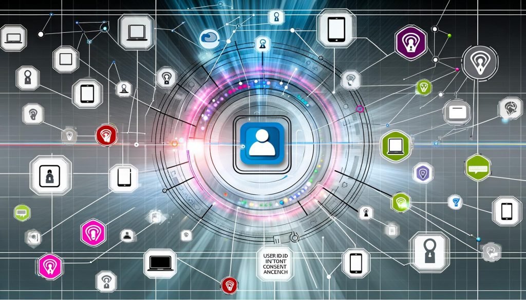 Dynamische Illustration eines digitalen Kontrollraums mit Dashboard, verbundenen Endgeräten, User ID Tag und subtiler Datenschutzhinweis.