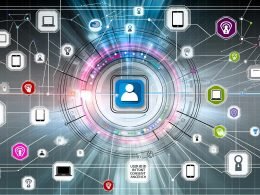 Dynamische Illustration eines digitalen Kontrollraums mit Dashboard, verbundenen Endgeräten, User ID Tag und subtiler Datenschutzhinweis.