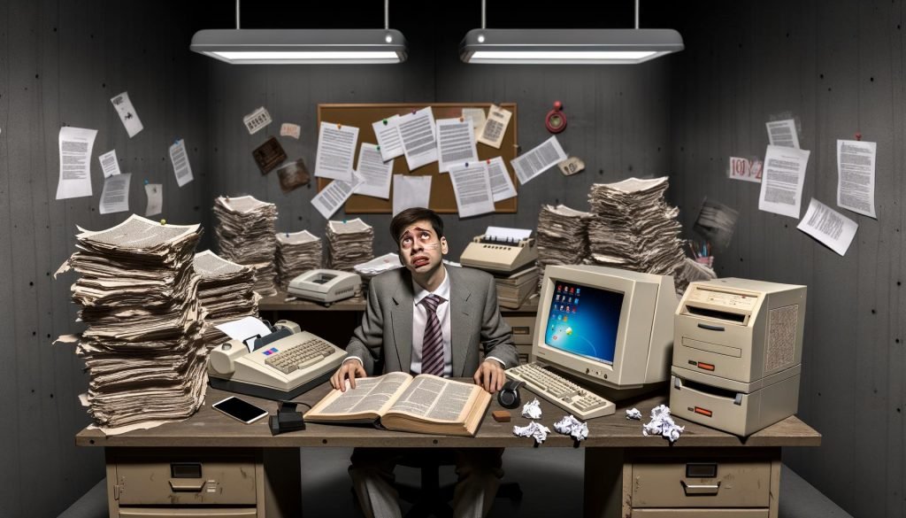 Junger Unternehmer im Jahr 2024 sitzt genervt an einem überfüllten Schreibtisch mit altem Faxgerät, Windows 7 Computer, Gesetzbuch von 1987 und vernachlässigten modernen Geräten in einem düsteren, bürokratischen Büro in Deutschland.