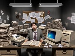 Junger Unternehmer im Jahr 2024 sitzt genervt an einem überfüllten Schreibtisch mit altem Faxgerät, Windows 7 Computer, Gesetzbuch von 1987 und vernachlässigten modernen Geräten in einem düsteren, bürokratischen Büro in Deutschland.