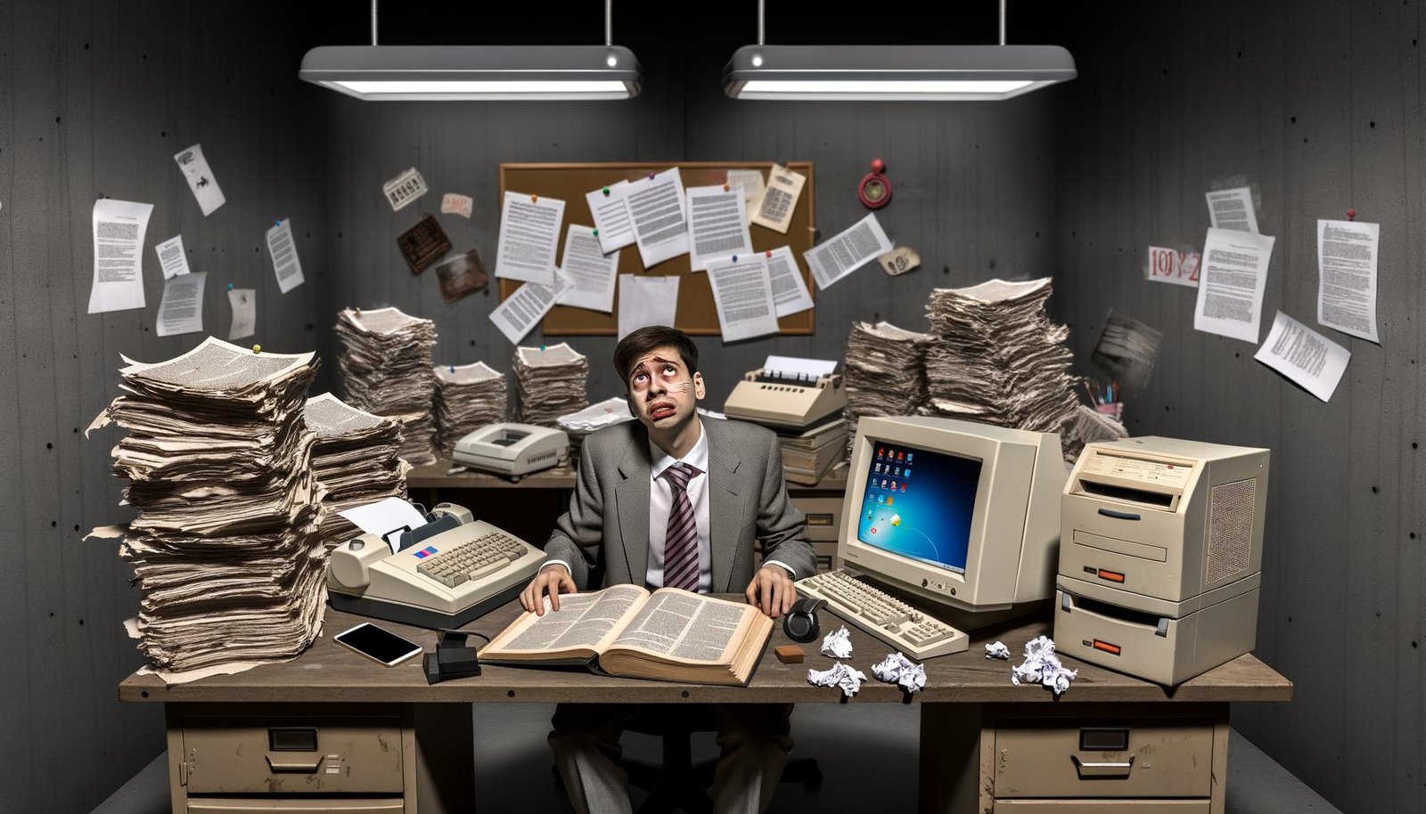 Junger Unternehmer im Jahr 2024 sitzt genervt an einem überfüllten Schreibtisch mit altem Faxgerät, Windows 7 Computer, Gesetzbuch von 1987 und vernachlässigten modernen Geräten in einem düsteren, bürokratischen Büro in Deutschland.
