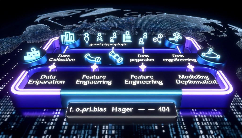 Abstrakte Darstellung einer modernen Datenpipeline mit verbundenen Workflow-Schritten, leuchtenden Symbolen und digitalem Hintergrund in Neonblau, Violett und Weiß.