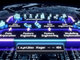 Abstrakte Darstellung einer modernen Datenpipeline mit verbundenen Workflow-Schritten, leuchtenden Symbolen und digitalem Hintergrund in Neonblau, Violett und Weiß.