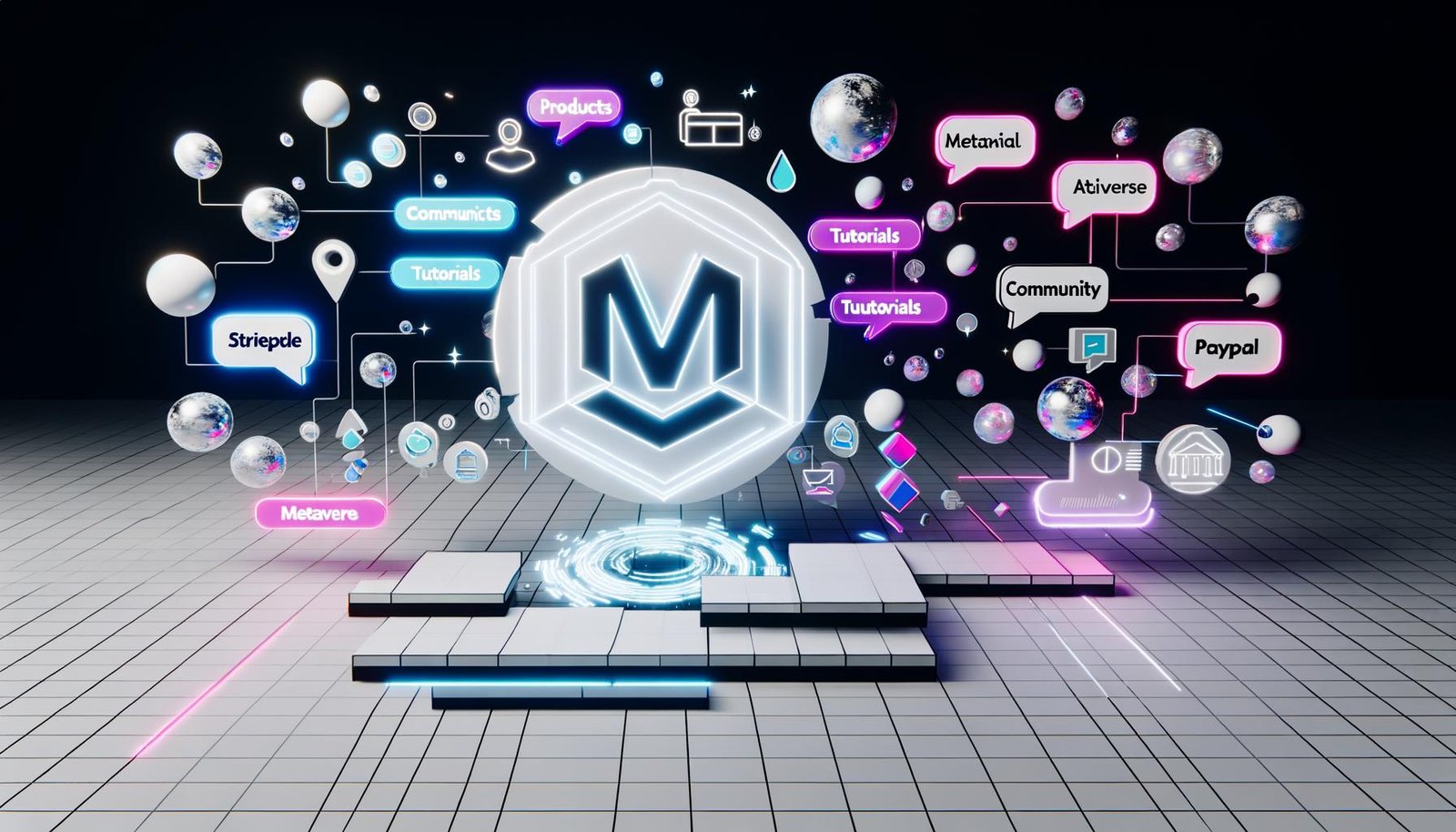 Futuristische Visualisierung eines Notion Metaverse Storefronts mit holografischem Logo, schwebenden Panels für Content-Module, digitalen Avataren und leuchtenden Interfaces im modernen, sauberen Design.