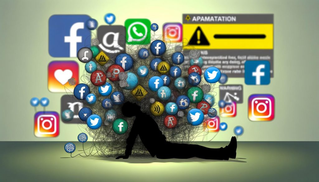 Illustration eines erschöpften Marketers, umgeben von verwobenen Social-Media-Logos, technischen Warnsymbolen und API-Dokumentationen als Sinnbild digitaler Marketingüberforderung.