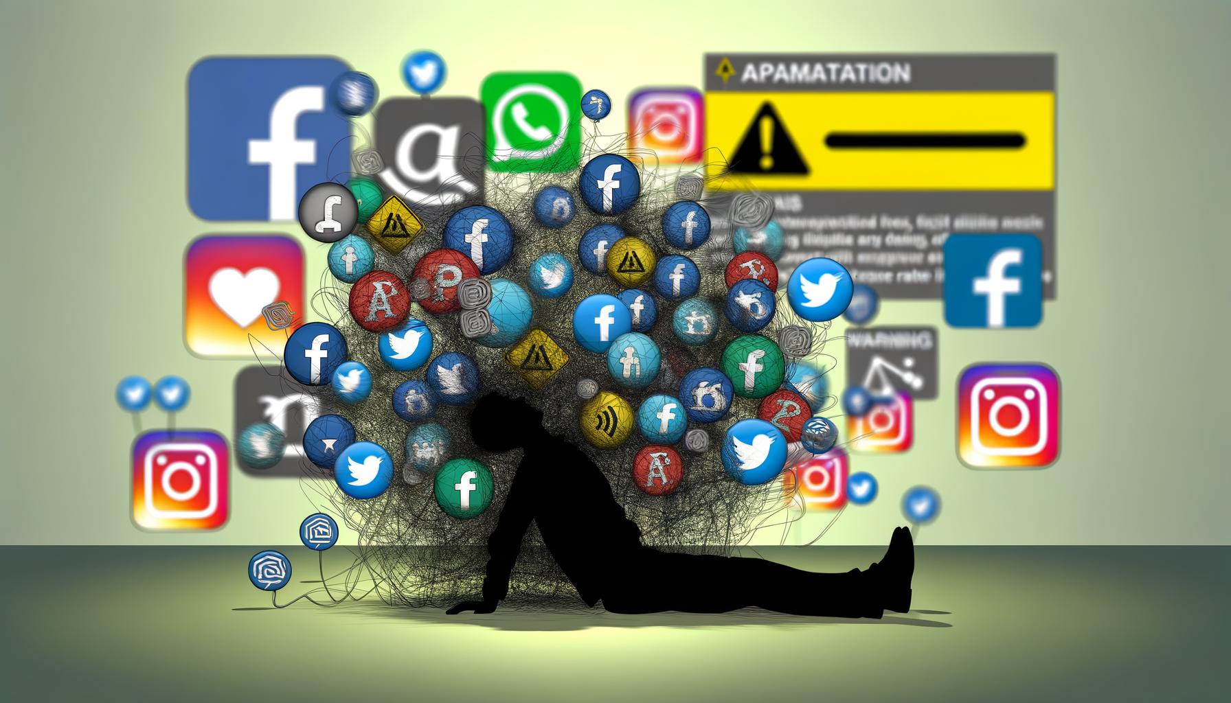 Illustration eines erschöpften Marketers, umgeben von verwobenen Social-Media-Logos, technischen Warnsymbolen und API-Dokumentationen als Sinnbild digitaler Marketingüberforderung.