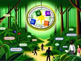 Illustration eines dichten digitalen Dschungels mit Pflanzen, HTML-Tags, Code und zentralem Kompass aus Logos für strukturierte Daten, in dem Menschen mit Notizen und Laptops herumirren, während eine Person zielstrebig voranschreitet.