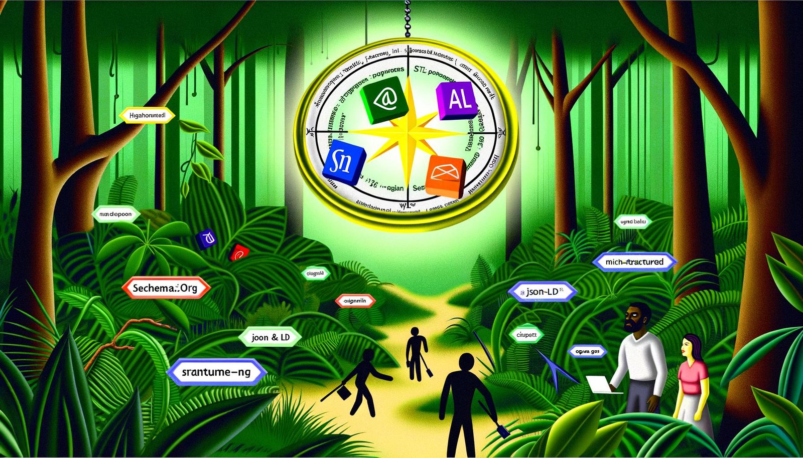 Illustration eines dichten digitalen Dschungels mit Pflanzen, HTML-Tags, Code und zentralem Kompass aus Logos für strukturierte Daten, in dem Menschen mit Notizen und Laptops herumirren, während eine Person zielstrebig voranschreitet.