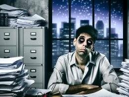 Erschöpfter Startup-Gründer mit Augenringen am überfüllten Schreibtisch, umgeben von Papierbergen und Aktenschränken, während draußen durch das Fenster innovative Startups zu sehen sind.