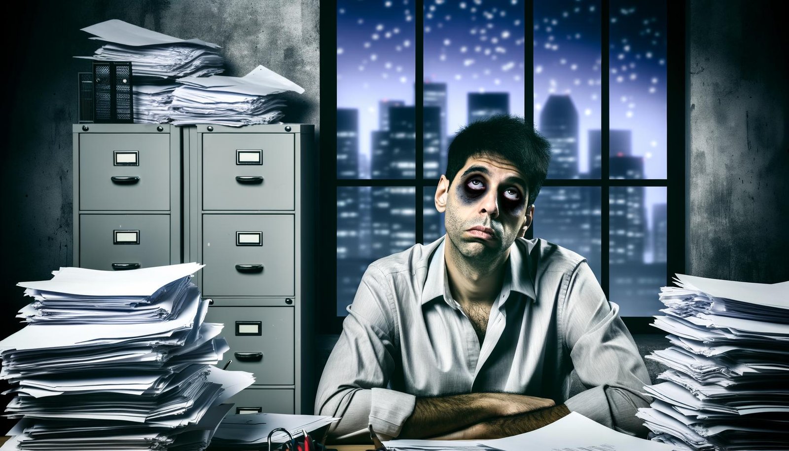 Erschöpfter Startup-Gründer mit Augenringen am überfüllten Schreibtisch, umgeben von Papierbergen und Aktenschränken, während draußen durch das Fenster innovative Startups zu sehen sind.