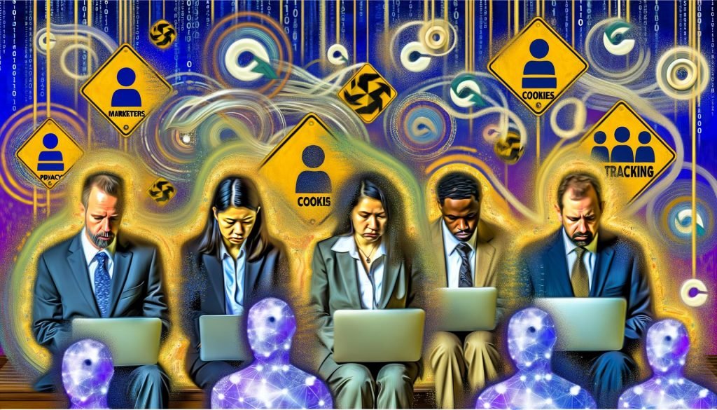 Szene mit Marktetingexperten, Entwicklern und Datenschützern, die in leuchtenden Datenströmen, Cookies und Browserfenstern gefangen sind, Symbolik für das Chaos des User-ID-Trackings im Jahr 2024.
