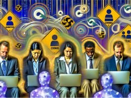 Szene mit Marktetingexperten, Entwicklern und Datenschützern, die in leuchtenden Datenströmen, Cookies und Browserfenstern gefangen sind, Symbolik für das Chaos des User-ID-Trackings im Jahr 2024.