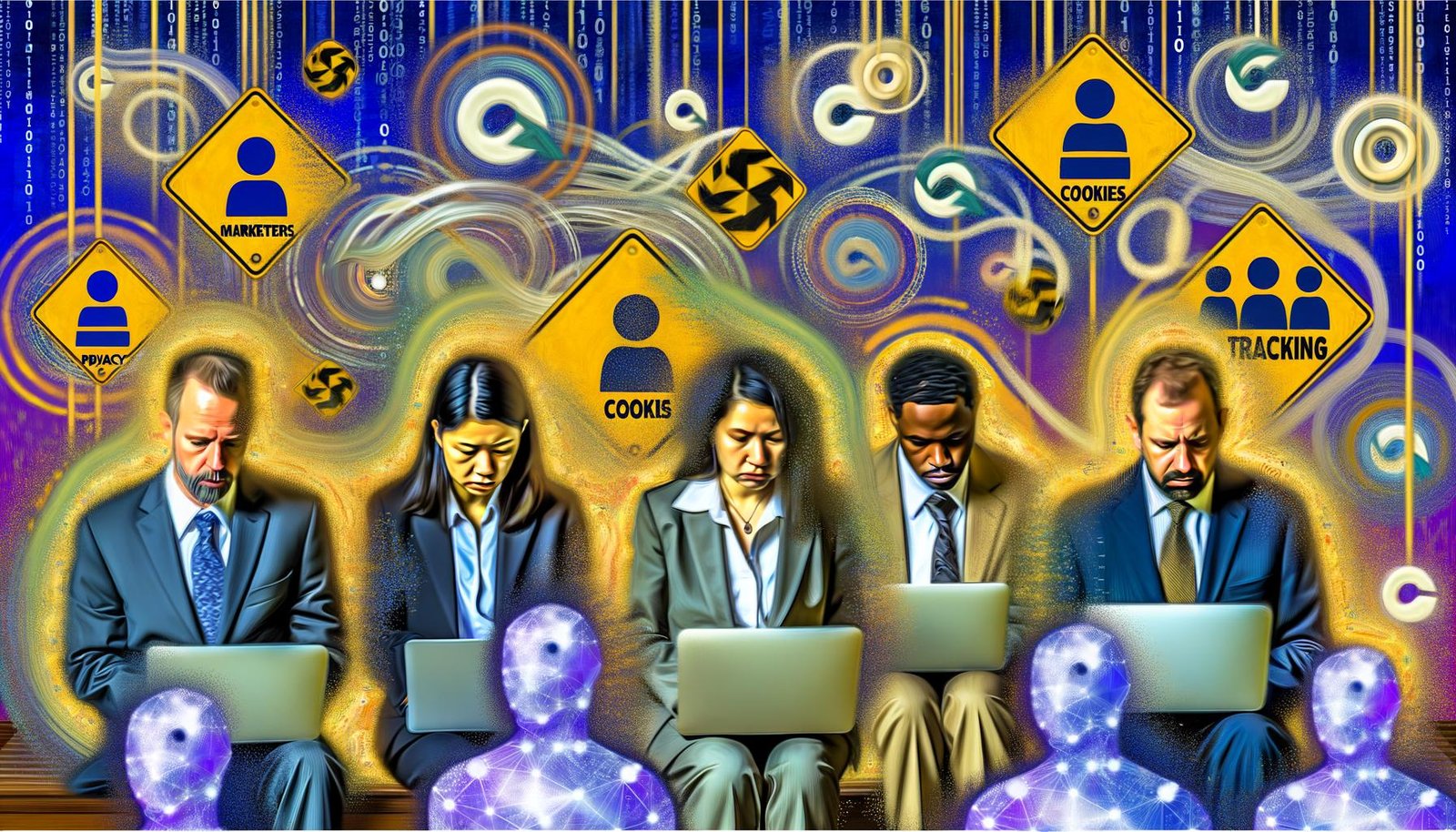 Szene mit Marktetingexperten, Entwicklern und Datenschützern, die in leuchtenden Datenströmen, Cookies und Browserfenstern gefangen sind, Symbolik für das Chaos des User-ID-Trackings im Jahr 2024.