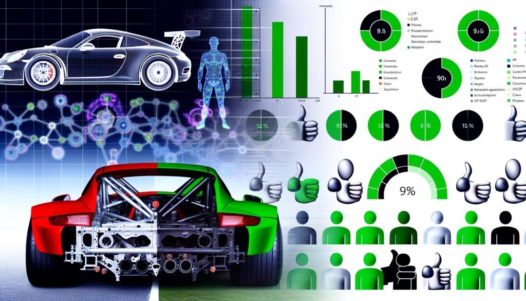 Collage mit Racing-Porsche Carbon-Chassis links, moderner Webseiten-Screenshot mit grünen Leistungswerten und freundlichen Nutzeravatare rechts, verbunden durch technische und menschliche Designelemente.