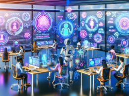 Futuristisches Büro mit diversen Digital Marketers, umgeben von Hologramm-Bildschirmen und KI-Tools wie GPT-4, DALL·E, TensorFlow und ChatGPT, unterstützt von Roboterarmen und virtuellen Assistenten.