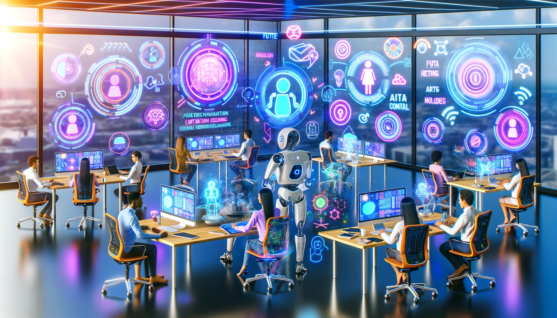 Futuristisches Büro mit diversen Digital Marketers, umgeben von Hologramm-Bildschirmen und KI-Tools wie GPT-4, DALL·E, TensorFlow und ChatGPT, unterstützt von Roboterarmen und virtuellen Assistenten.