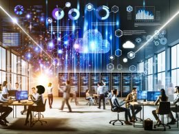 Futuristisches Marketing-Team diskutiert in einem modernen Büro mit schwebenden Daten-Hologrammen, Heatmaps, Dashboards und Serverracks im Hintergrund.