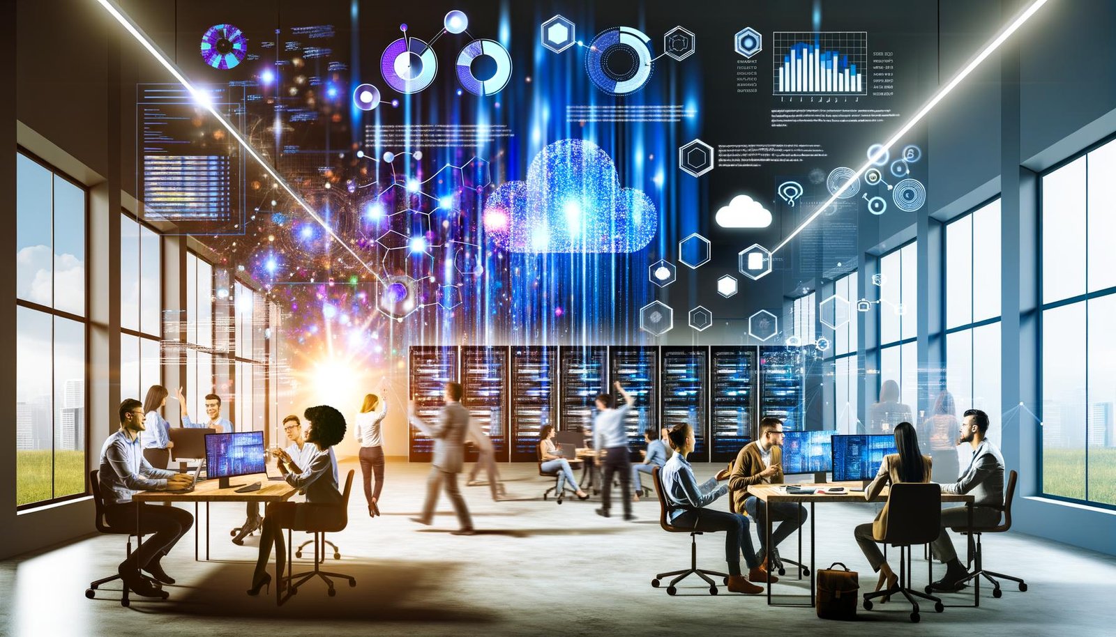 Futuristisches Marketing-Team diskutiert in einem modernen Büro mit schwebenden Daten-Hologrammen, Heatmaps, Dashboards und Serverracks im Hintergrund.