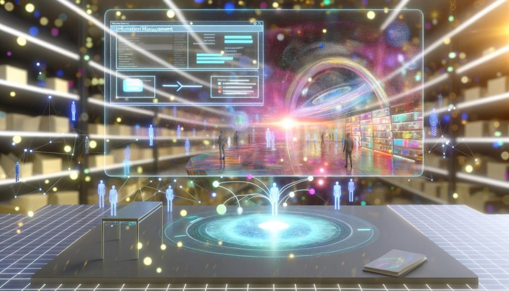 Futuristischer Arbeitsplatz mit virtuellem Notion-Dashboard, das über Datenströme mit einer neonbeleuchteten Metaverse-Shoppingwelt voller Avatare und digitaler Regale verbunden ist.