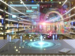 Futuristischer Arbeitsplatz mit virtuellem Notion-Dashboard, das über Datenströme mit einer neonbeleuchteten Metaverse-Shoppingwelt voller Avatare und digitaler Regale verbunden ist.