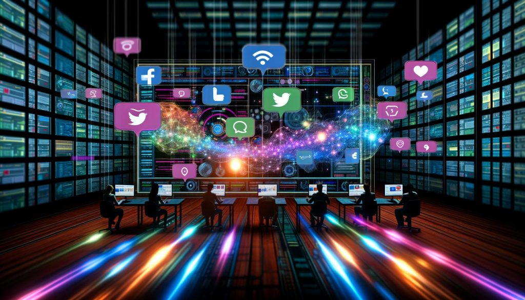 Illustration eines Hightech-Maschinenraums mit großen Monitoren, Social-Media Analysen, Teamwork von Entwicklern und Marketern, schwebenden Social-Media-Logos und bunten Datenströmen.