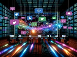 Illustration eines Hightech-Maschinenraums mit großen Monitoren, Social-Media Analysen, Teamwork von Entwicklern und Marketern, schwebenden Social-Media-Logos und bunten Datenströmen.