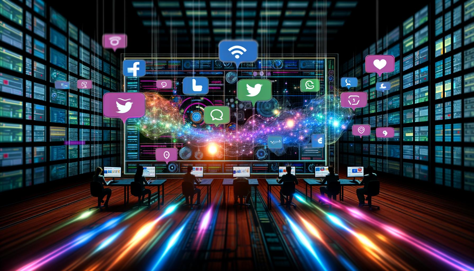 Illustration eines Hightech-Maschinenraums mit großen Monitoren, Social-Media Analysen, Teamwork von Entwicklern und Marketern, schwebenden Social-Media-Logos und bunten Datenströmen.