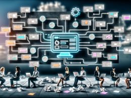 Digitales Dashboard mit strukturierten Content Workflows, vernetzten Modulen und digitalen Marketers, die effizient zusammenarbeiten; daneben verblasst ein Haufen alter Papierdokumente als Symbol für überholte Prozesse.