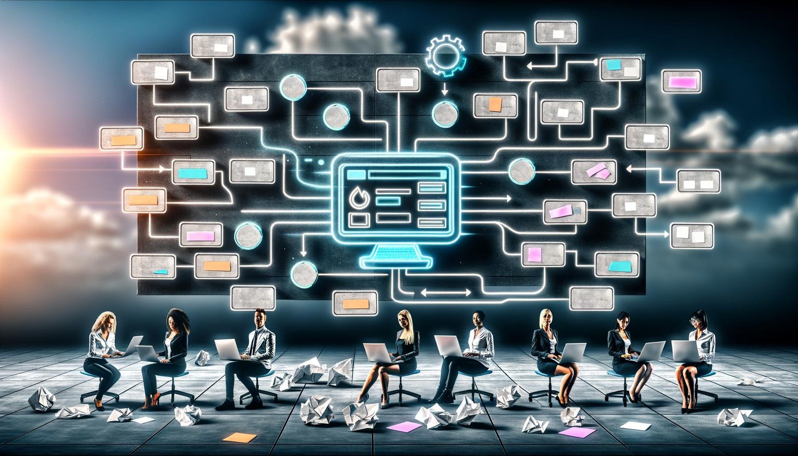 Digitales Dashboard mit strukturierten Content Workflows, vernetzten Modulen und digitalen Marketers, die effizient zusammenarbeiten; daneben verblasst ein Haufen alter Papierdokumente als Symbol für überholte Prozesse.