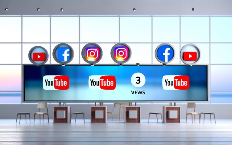 Split-Screen-Grafik von fünf Smartphones mit Video-Player-Oberflächen der Plattformen YouTube, Facebook, Instagram, TikTok und Vimeo, inklusive Markierungen der Zeitpunkte für einen gezählten View.