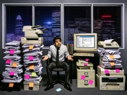 Junger, frustrierter Startup-Gründer im chaotischen Büro voller veralteter Geräte und Papierstapel, blickt ratlos auf einen langen Fördermittelantrag.