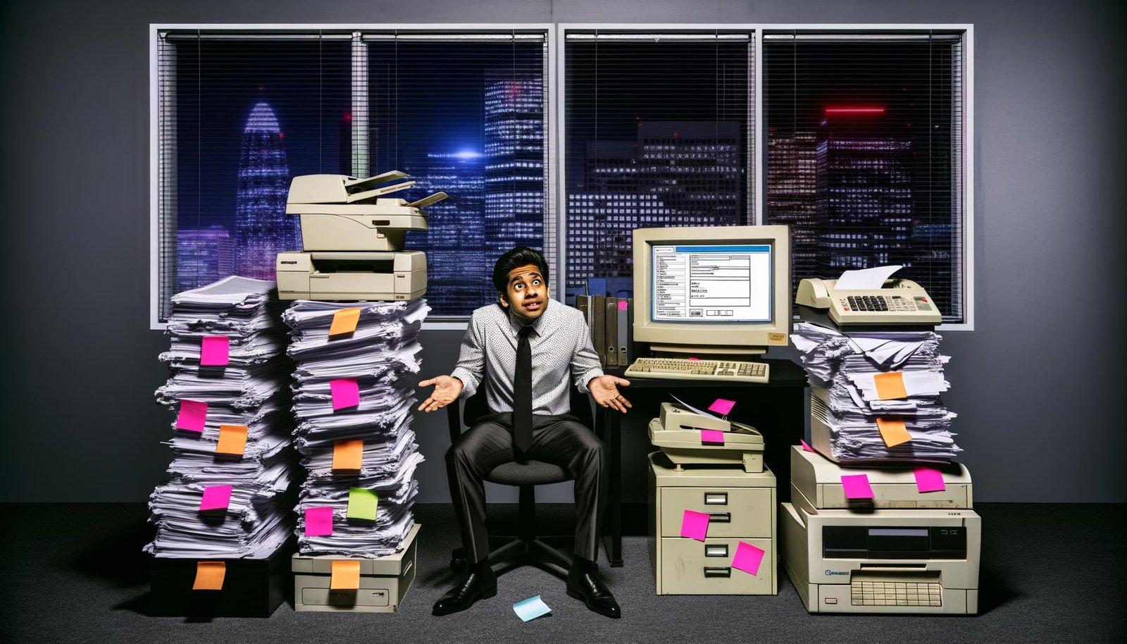 Junger, frustrierter Startup-Gründer im chaotischen Büro voller veralteter Geräte und Papierstapel, blickt ratlos auf einen langen Fördermittelantrag.