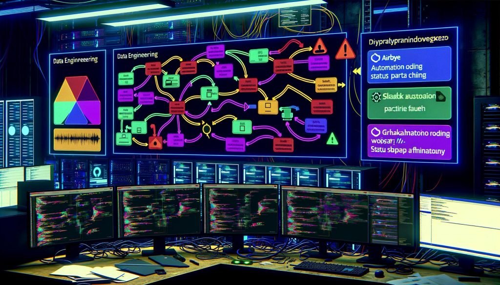 Data-Engineering-Arbeitsplatz mit Ultraweit-Monitoren, farbigen Flowcharts, Airbyte Workflow-Fehlermeldung, Slack- und Grafana-Benachrichtigungen, umgeben von Server-Racks und Entwicklernotizen in technisch-dynamischer Umgebung.