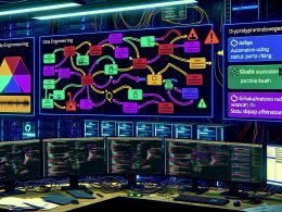 Data-Engineering-Arbeitsplatz mit Ultraweit-Monitoren, farbigen Flowcharts, Airbyte Workflow-Fehlermeldung, Slack- und Grafana-Benachrichtigungen, umgeben von Server-Racks und Entwicklernotizen in technisch-dynamischer Umgebung.