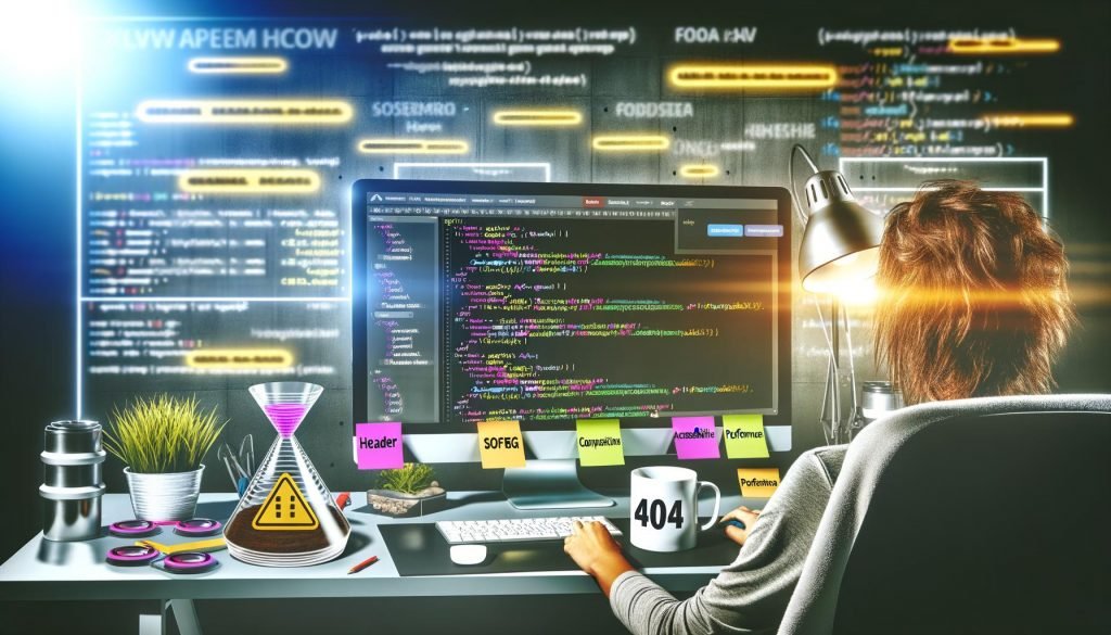 Moderner Arbeitsplatz eines Webentwicklers mit großem Bildschirm, der semantischen HTML-Code sowie Conversion-Funnel zeigt. Daneben ein Becher mit 404-Aufdruck und Notizzettel für SEO, Barrierefreiheit und Performance.
