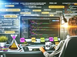 Moderner Arbeitsplatz eines Webentwicklers mit großem Bildschirm, der semantischen HTML-Code sowie Conversion-Funnel zeigt. Daneben ein Becher mit 404-Aufdruck und Notizzettel für SEO, Barrierefreiheit und Performance.