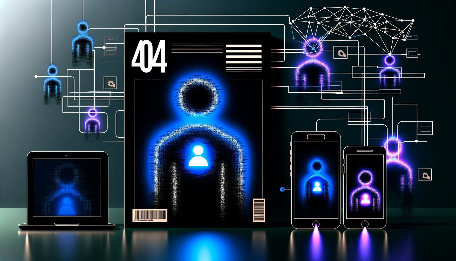 Futuristisches Titelbild mit abstrahiertem User-Icon, leuchtende User-ID, digitale Verbindungslinien zwischen Smartphone, Laptop und Tablet, angedeutete Datenströme im Hintergrund, Neonfarben.