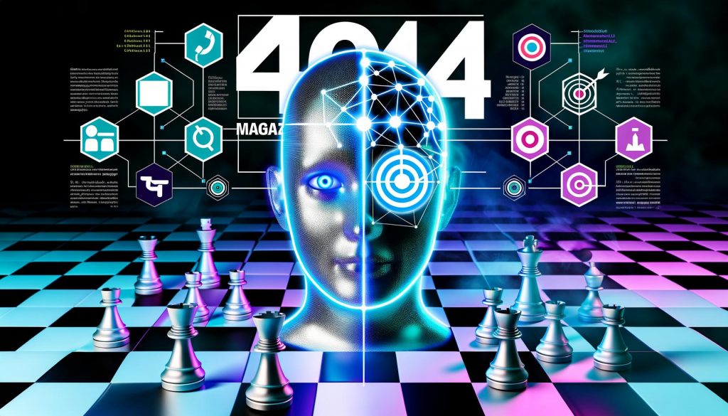 Futuristischer menschlicher Kopf zwischen digitalen Marketing-Icons, neuronalen Netzwerken und Schachbrett mit Schach- und Go-Steinen.