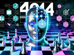 Futuristischer menschlicher Kopf zwischen digitalen Marketing-Icons, neuronalen Netzwerken und Schachbrett mit Schach- und Go-Steinen.