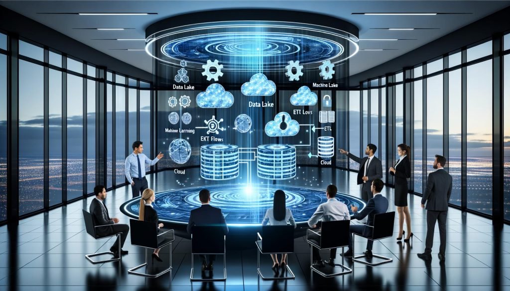 Futuristisches Büro mit Teammitgliedern, die gemeinsam ein schwebendes digitales Architektur-Hologramm mit Data Lake, Machine Learning und Sicherheitssymbolen besprechen.