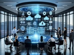 Futuristisches Büro mit Teammitgliedern, die gemeinsam ein schwebendes digitales Architektur-Hologramm mit Data Lake, Machine Learning und Sicherheitssymbolen besprechen.