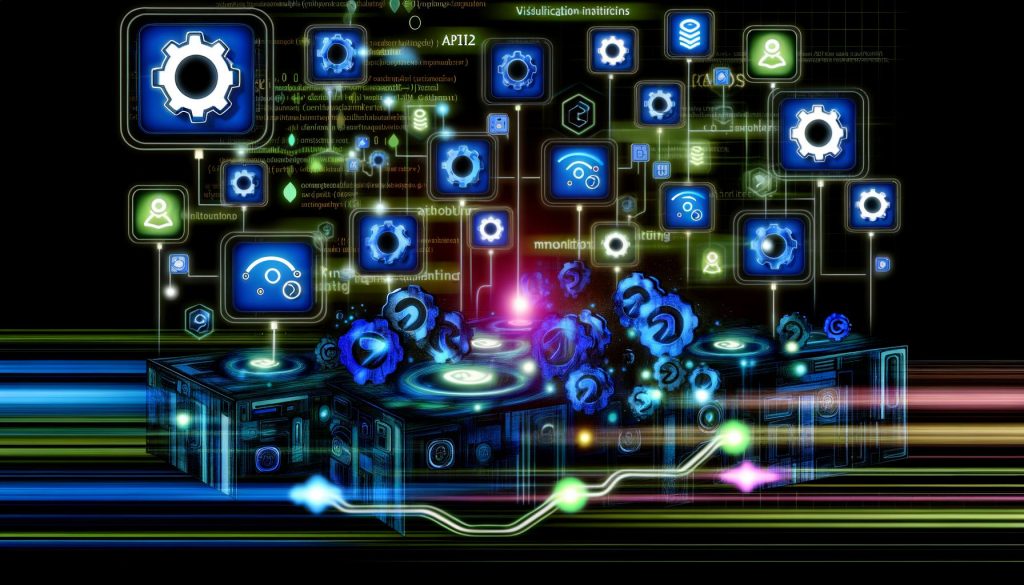 Digitale Illustration eines vernetzten Social Media Workflows mit mehreren Bildschirmen, Datenlinien zwischen Social Media APIs und technischen Icons wie OAuth2.