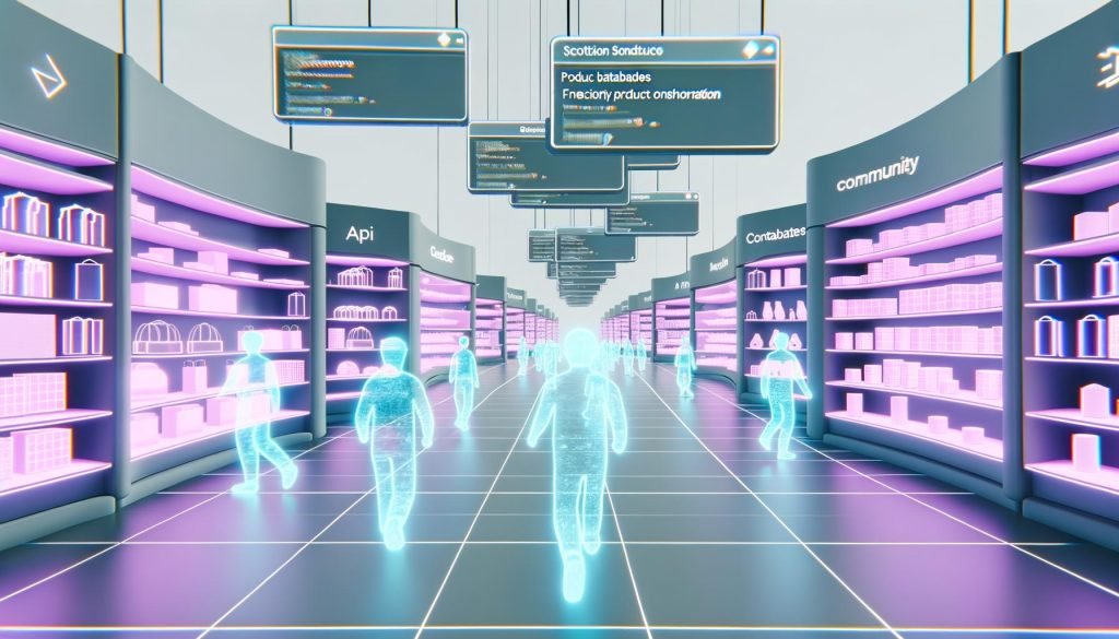 Futuristischer 3D-Online-Store mit schwebenden Avataren, interaktiven Produktdisplays sowie eingebetteten API-Code- und Notion-Datenbank-Panels in einer hellen, stylischen Umgebung.