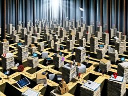 Start-up-Gründer kämpfen in moderner Kleidung mit Computern und Innovationen in einem Labyrinth aus Bürokratie, Akten, Stempeln und Formularen, inspiriert von deutscher Verwaltungskultur.