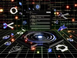 Moderne Web-App-Oberfläche im Dunkelmodus mit kreisenden Googlebot- und SEO-Symbolen, Wireframes, Performance-Grafen und Matrix aus Code im Hintergrund.