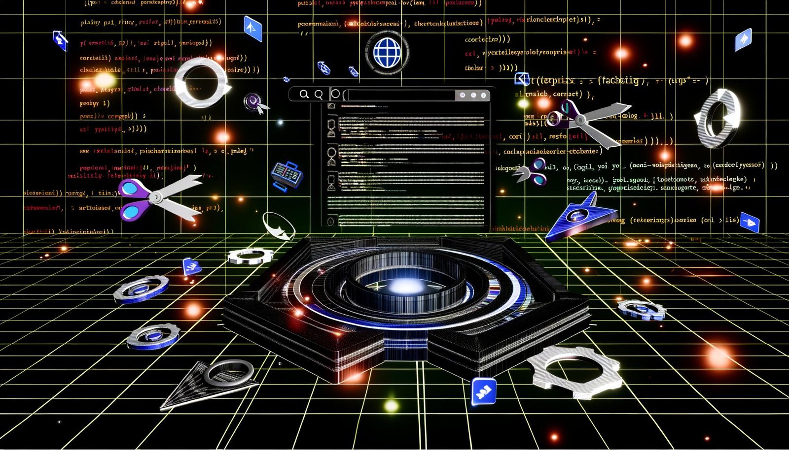 Moderne Web-App-Oberfläche im Dunkelmodus mit kreisenden Googlebot- und SEO-Symbolen, Wireframes, Performance-Grafen und Matrix aus Code im Hintergrund.