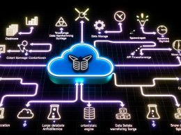 Futuristische Cloud-Architektur-Infografik mit schwebendem Airbyte-Serverless-Container im Zentrum, verbunden mit Datenquellen- und Ziel-Icons, sowie Symbolen für Trigger, Transformation, Orchestrierung, Monitoring und Sicherheit auf dunklem, neon-glühenden Hintergrund.