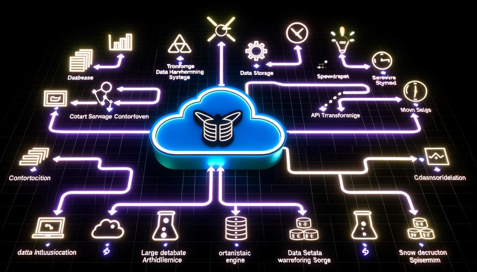 Futuristische Cloud-Architektur-Infografik mit schwebendem Airbyte-Serverless-Container im Zentrum, verbunden mit Datenquellen- und Ziel-Icons, sowie Symbolen für Trigger, Transformation, Orchestrierung, Monitoring und Sicherheit auf dunklem, neon-glühenden Hintergrund.