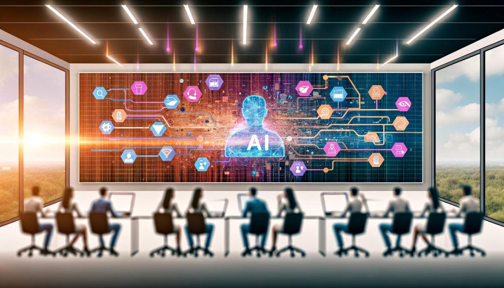 Dynamische Illustration einer modernen Marketinglandschaft mit Marketer:innen und Tech-Expert:innen vor Bildschirmen, Datenströmen und KI-Symbolen in futuristischer Atmosphäre.