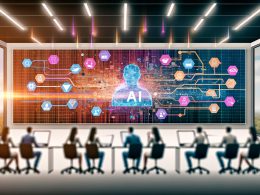 Dynamische Illustration einer modernen Marketinglandschaft mit Marketer:innen und Tech-Expert:innen vor Bildschirmen, Datenströmen und KI-Symbolen in futuristischer Atmosphäre.